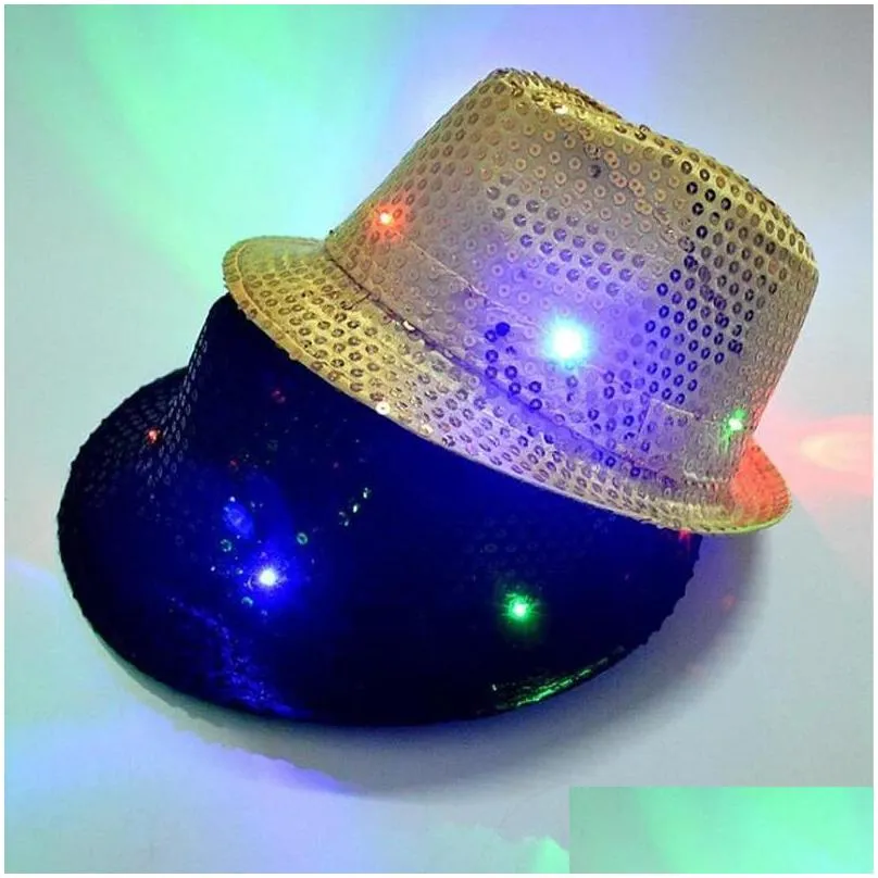 Party Hats Led Jazz Party Hats Flashing Light Up Fedora Trilby Sequins Caps Fancy Dress Dance Uni Hip Hop Lamp Luminous Hat Drop Deliv Dhuyy