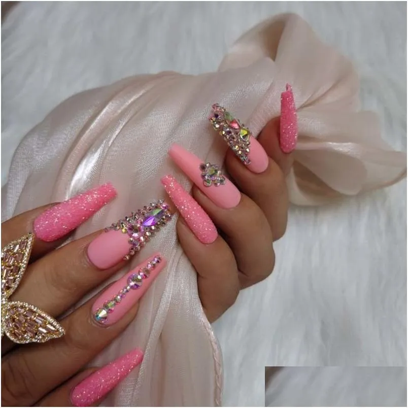 24pcs design luxury jewelry long ballet coffin fake nails crystal diamond high end light orange 220716