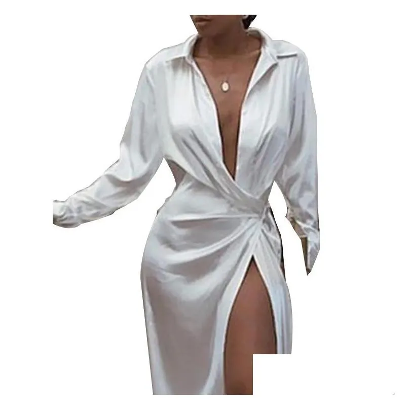 Casual Dresses 2021 Satin Silk Y Dress Long Sleeve Party Women Night Club Soft Autumn Solid Split Turn Down Drop Delivery Dhc0L