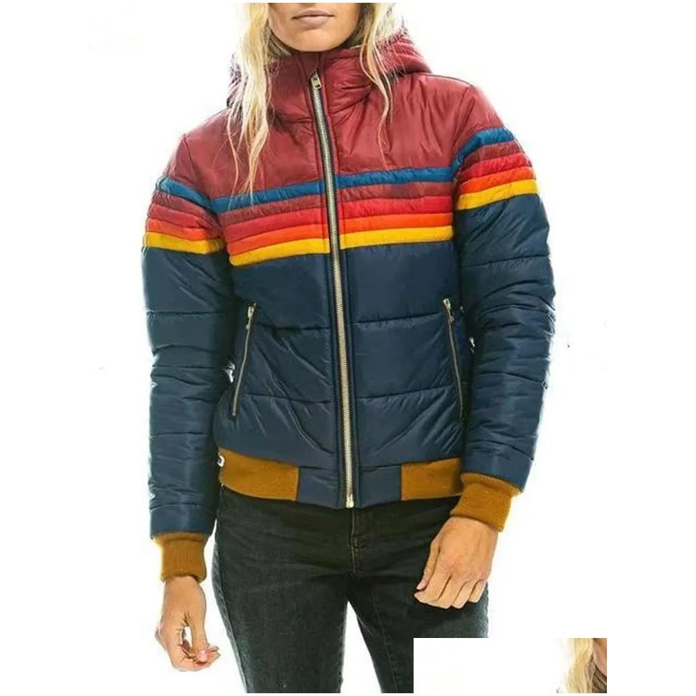 Women`S Jackets Womens Jackets Donsignet Women Down Coat 2022 Casual Rainbow Fashion Zip-Up Striped Plus Size Hat Drop Delivery Appare Dh0Ad