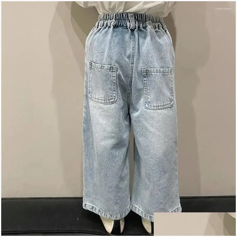 trousers 2024 wide leg pants jeans elastic waist ankle length loose straight cotton clean solid soft comfortable korean children girl