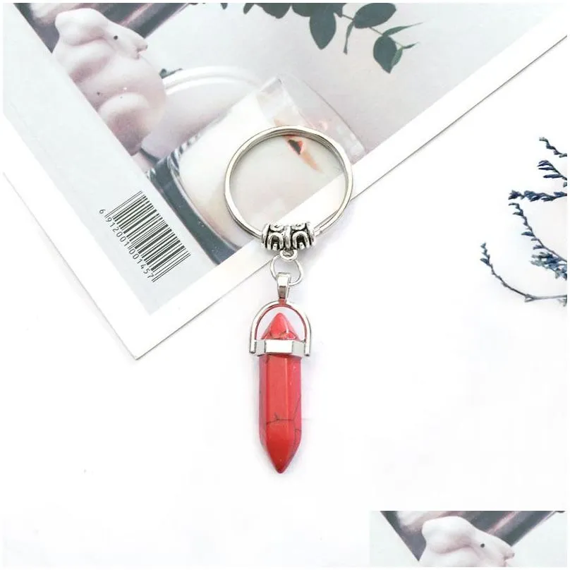 Keychains & Lanyards Fashion Hexagonal Column Crystal Stone Keychain Pendant Natural Gemstone Key Chain Car Bag Decoration Keyring Ac Dhspj