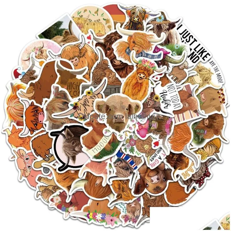 50pcs/lot cute and funny highland cattle sticker kyloe cow stickers graffiti kids toy skateboard phone laptop luggage sticker decals