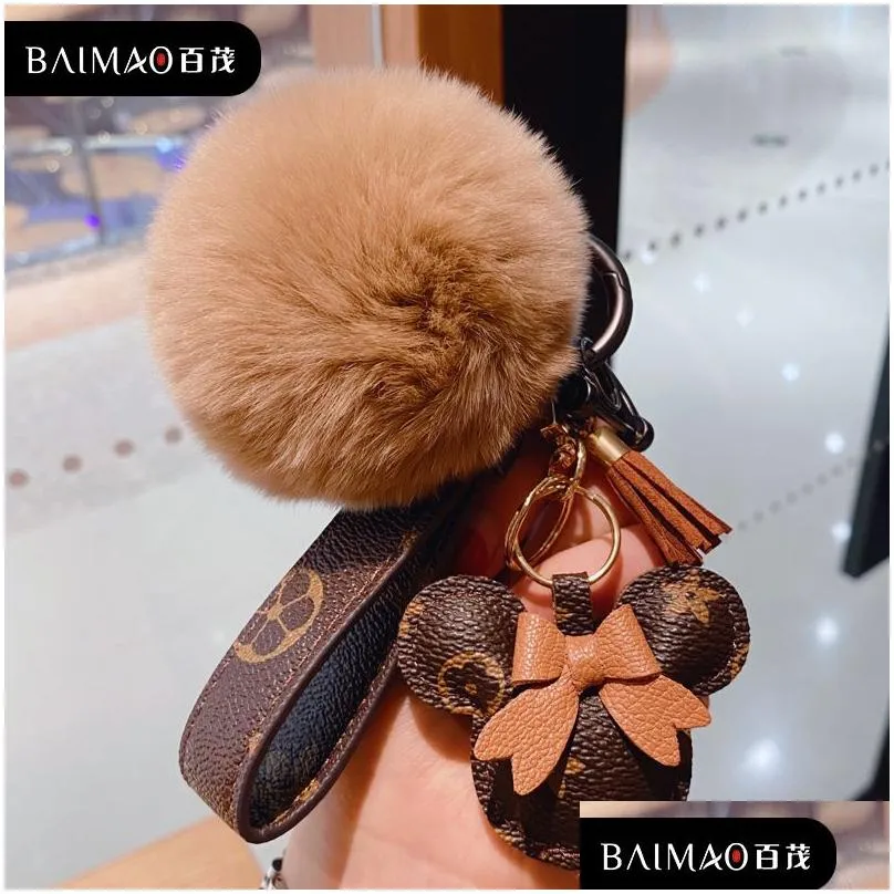 mouse design car keychain favor flower bag pendant charm jewelry keyring holder for men gift fashion pu leather animal key chain accessories pom