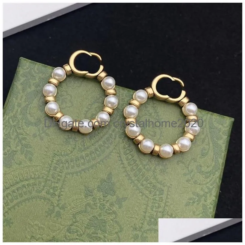 Charm Newest Designer Pearl Circle Earrings Charm Women Double Letter Eardrop Girl Pendant Studs For Party Date Gift Drop Delivery Je Dhzkm