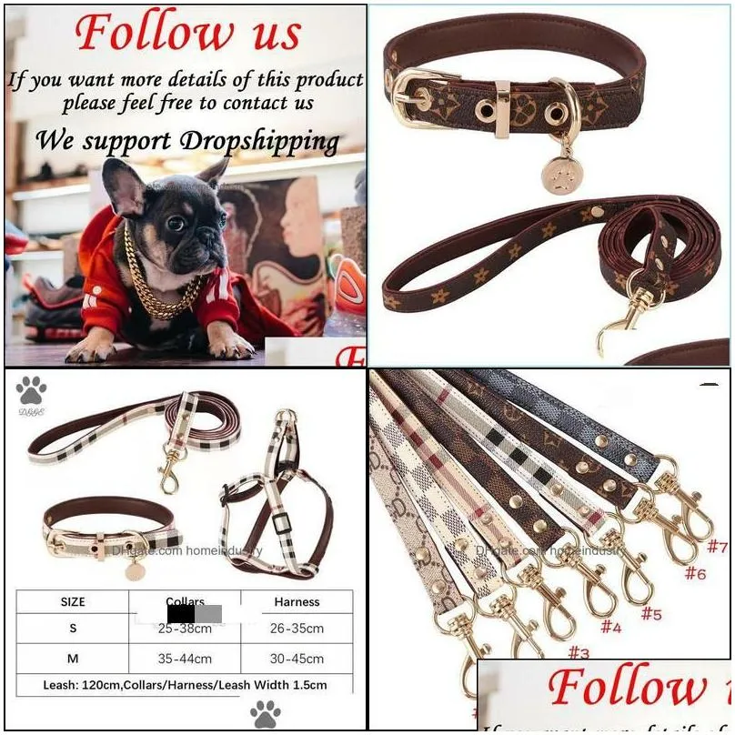 Dog Collars & Leashes Dog Collars Leashes No Pl Harness Designer Dogs Collar Set Classic Plaid Leather Pet Leash For Small Medium Cat Dhfbb