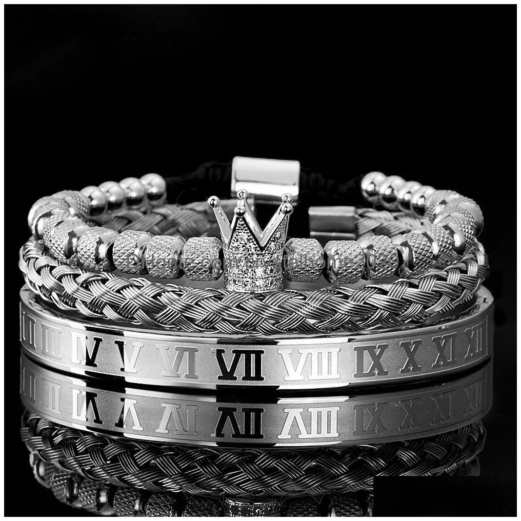Charm Bracelets 3Pcs/Set Micro Pave Cz Crown Roman Royal Charm Men Bracelets Stainless Steel Crystals Bangles Couple Handmade Jewelry Dhqtw