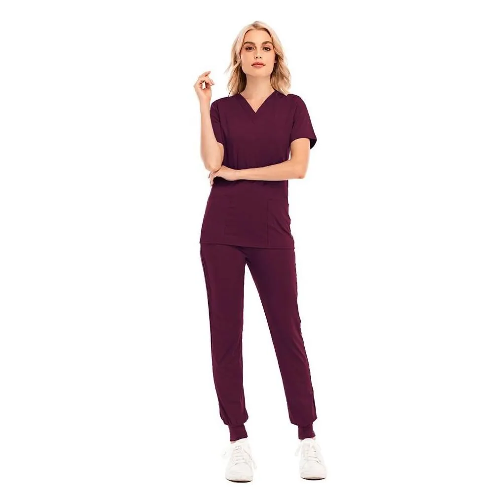 Women`S Two Piece Pants Womens Two Piece Pants Solid Color Spa Threaded Clinic Work Suits Tops Uni Scrub Pet Nursing Uniform Drop Del Dhlfk