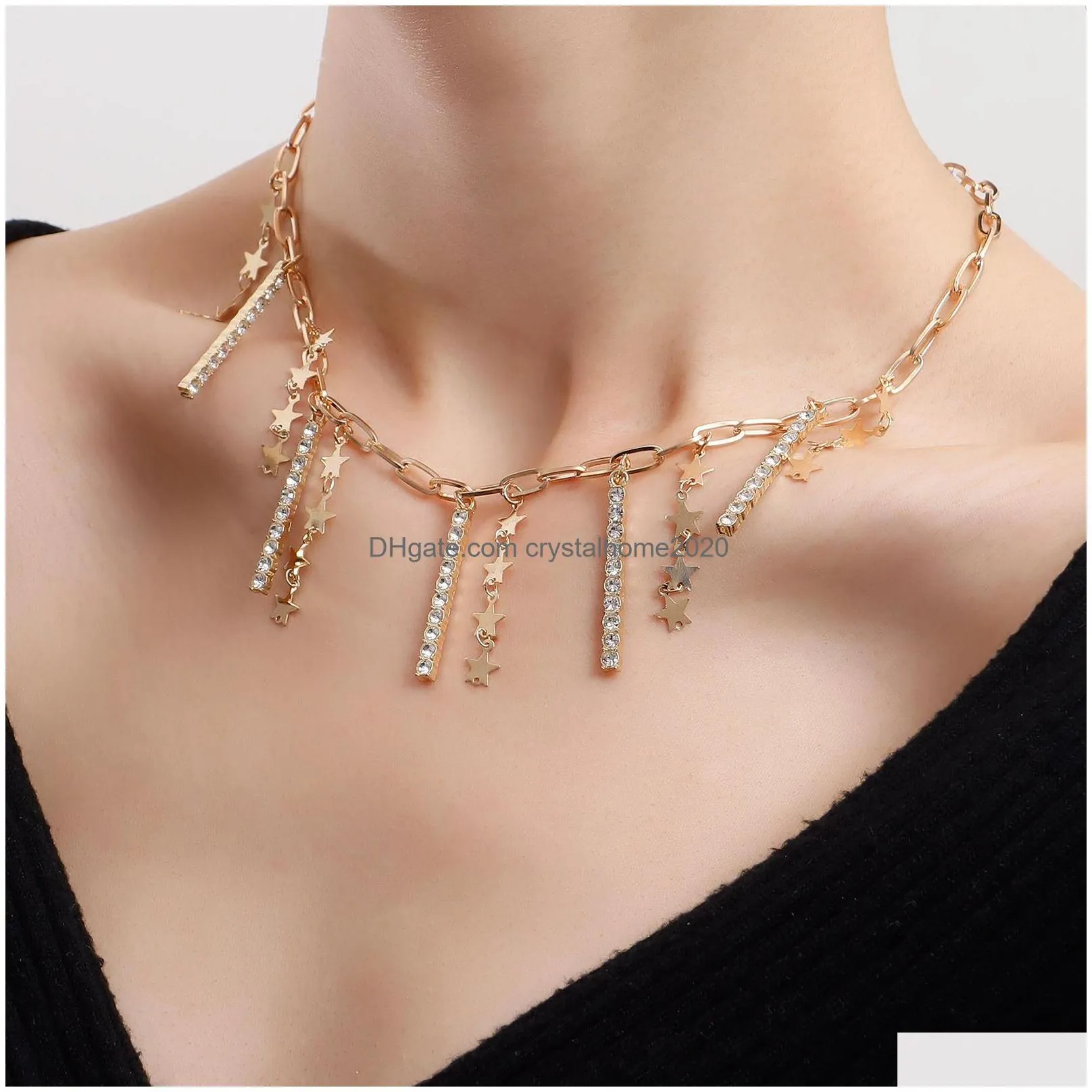 Pendant Necklaces Niche Design Tzitzit Five-Pointed Star Diamond-Encrusted Metal Rod Necklace Autumn And Winter Sweater Pendant High-G Dhhd0