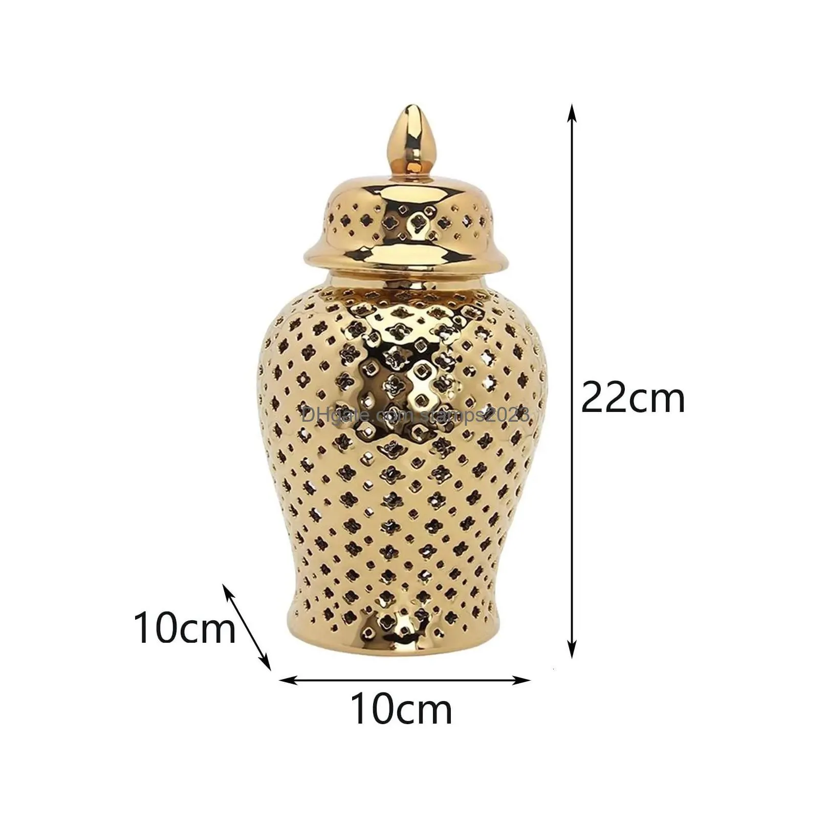 Vases Pierced Gold Ceramic Vase Ginger Jar With Lid Hollow Out Storage Bud Carved Lattice Temple For Room Home Decorative Drop Delive Dhxqa