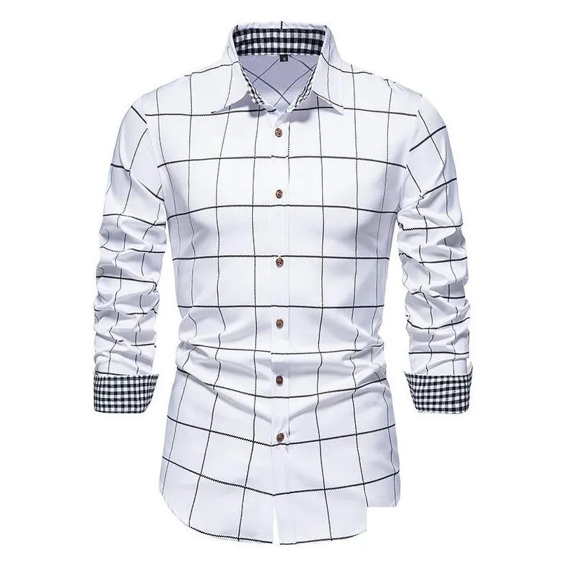 Men`S Casual Shirts Mens Casual Shirts Parklees 2022 Autumn Plaid Work Formal For Men Slim Long Sleeve White Button Up Shirt Dress Bu Dh1F8