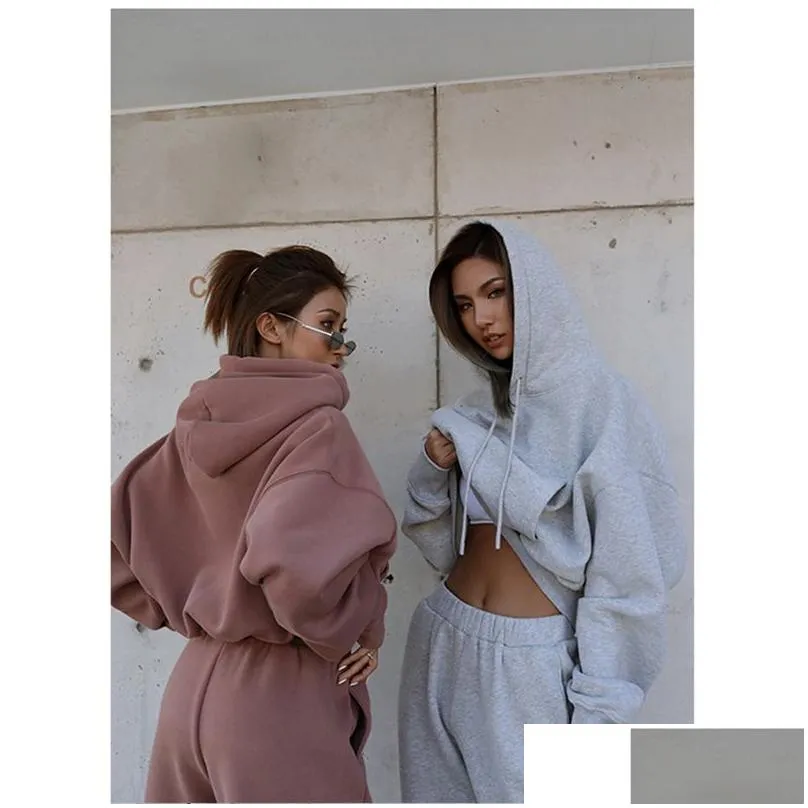 Women`S Tracksuits Women Sport Tracksuits Two Piece Clothing Set Tracksuit Solid Color Hoodie Sweatshirt Long Pant Jogger Outfit Fema Otyqu