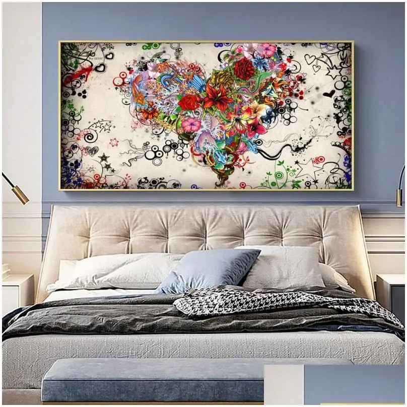 paintings ddhh wall art picture canvas print love painting abstract colorful heart flowers posters prints for living room home no