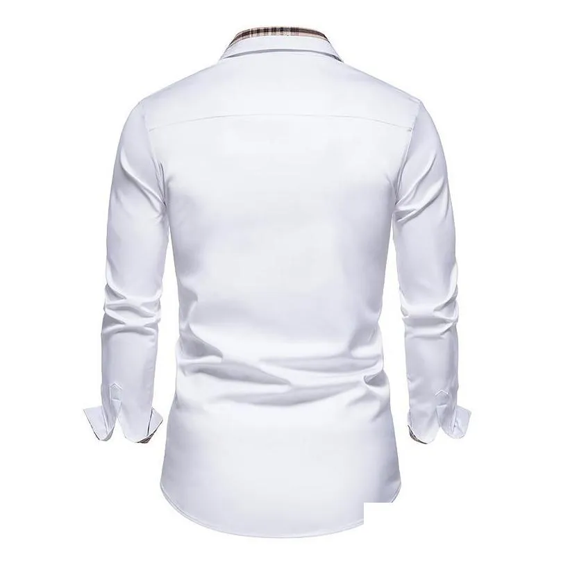 Men`S Casual Shirts Mens Casual Shirts Parklees 2022 Autumn Plaid Work Formal For Men Slim Long Sleeve White Button Up Shirt Dress Bu Dh1F8