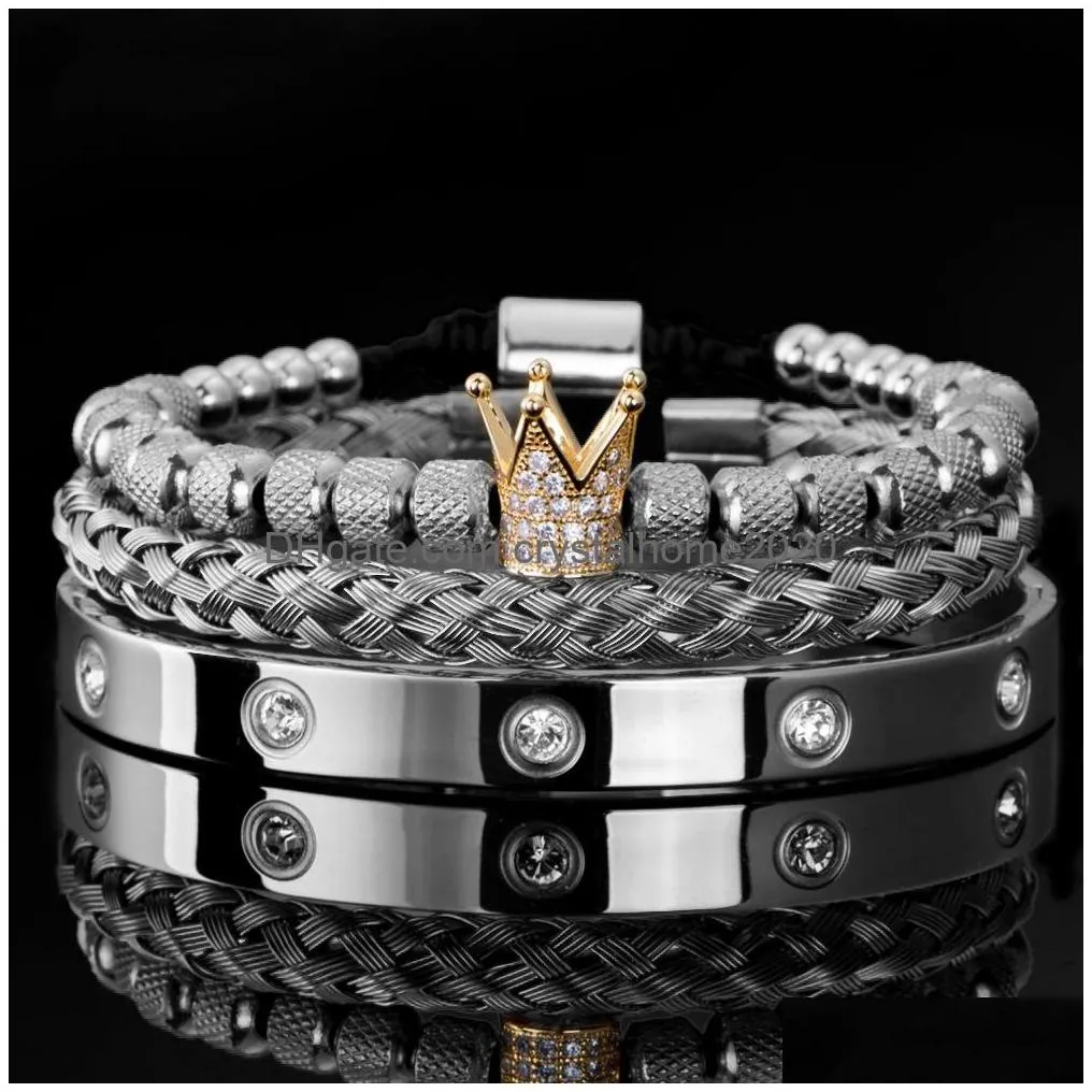 Charm Bracelets 3Pcs/Set Micro Pave Cz Crown Roman Royal Charm Men Bracelets Stainless Steel Crystals Bangles Couple Handmade Jewelry Dhqtw