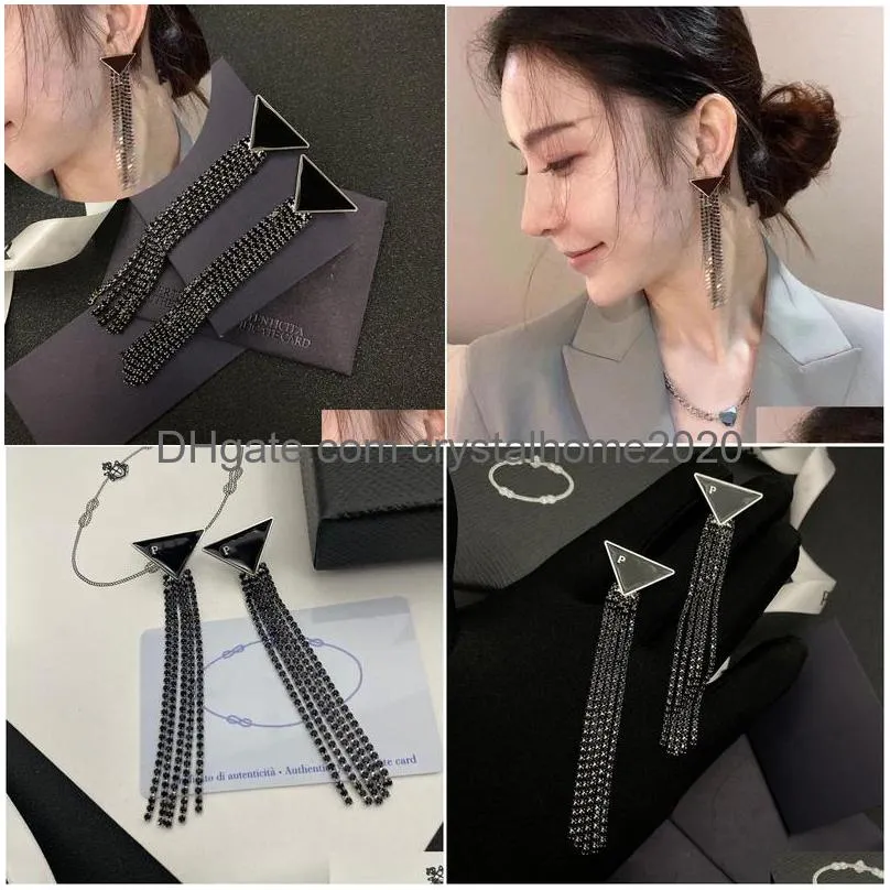 Stud Women Fashion Brand Black Earrings Triangle Long Tassel Chain Dangle Drop Ear Studs Have Stamps Eardrop For Lady Drop Delivery Dhbfj