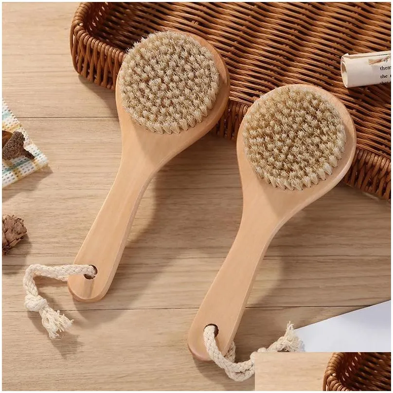 Bath Brushes, Sponges & Scrubbers Dry Bath Body Brush Back Scrubber Anti-Slip Short Wooden Handle Natural Bristles Shower Exfoliating Dhzsr