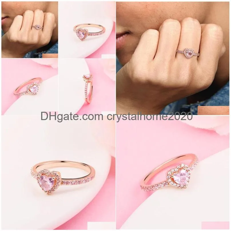 Band Rings Rose Gold Plated Sparkling Pink Elevated Heart Fit Jewelry Engagement Wedding Lovers Fashion Ring For Drop Delivery Jewelr Dh73V