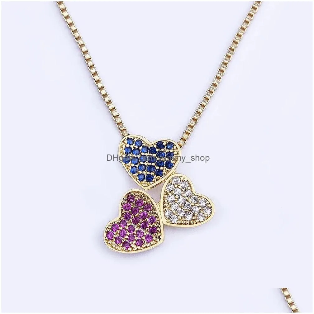 fashion romantic three sweet peach heart love chain 14k yellow gold pendant necklace for woman wedding party zircon accessories gifts