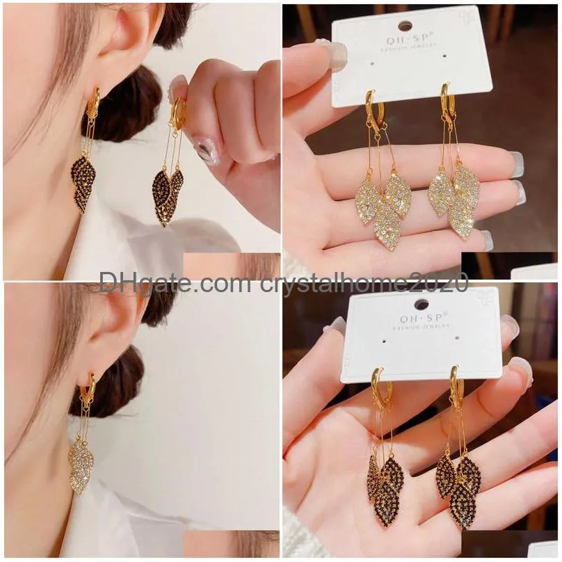 Charm 2022 New Niche Design Super Shiny Rhinestones Leaf Long Tassel Ear Button Personality Premium Eardrop Drop Delivery Dhlae