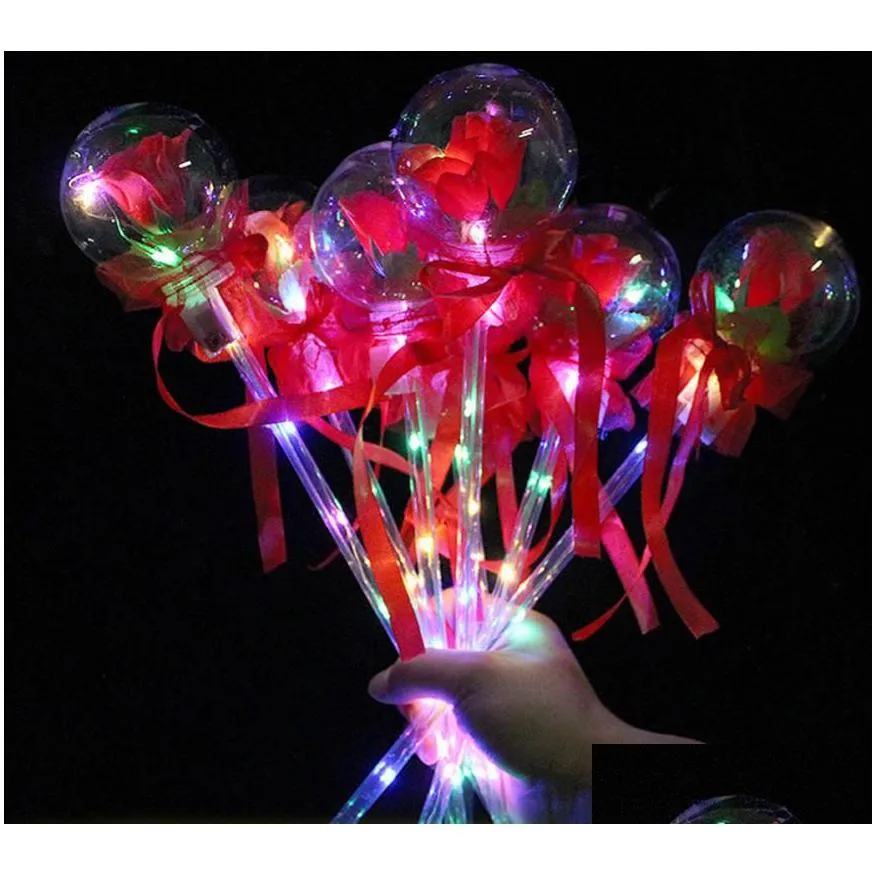 Party Decoration Led Party Favor Decoration Light Up Glowing Red Rose Flower Wands Clear Ball Stick For Wedding Valentines Day Atmosph Dh0Tp