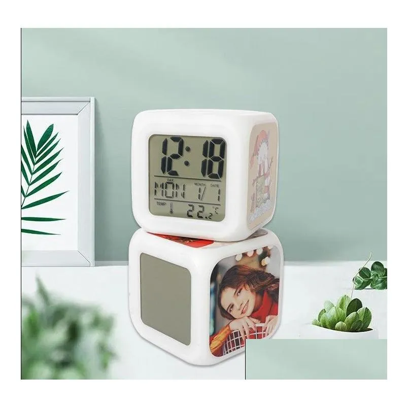 Desk & Table Clocks Express Heat Transfer Smart Square Alarm Clocks Thermal Sublimation On Three Sides Rainbow Light Lg21 Drop Deliver Dhaw8