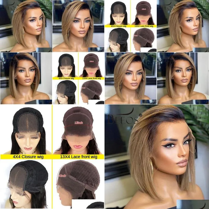 Human Hair Wigs Beeos 180 134 Deep Part Lace Front Human Hair Wig Straight Bob Short Ombre Ash Blonde Pre Plucked Brazilian Remy Drop Dhidx