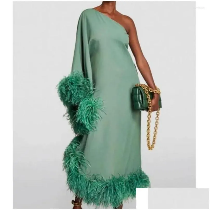 casual dresses wepbel feather loose evening dress women one-shoulder long sleeve large swing solid color fashion dinner