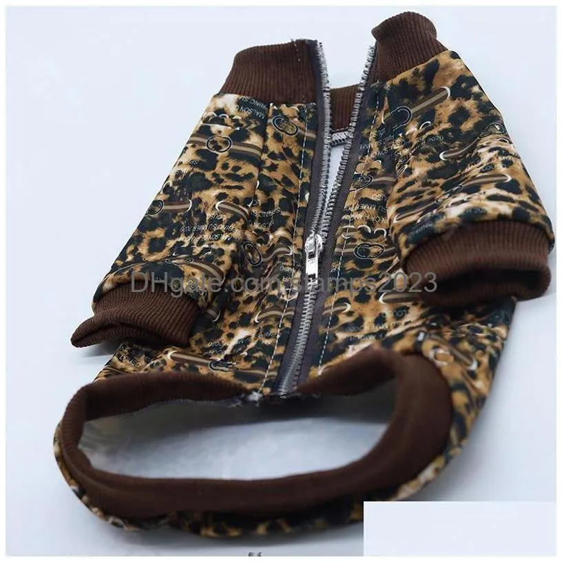 Dog Apparel Leopard Print Dog Jacket Fashion Warm Windproof Zipper Coat Schnauzer Bichon Corgi Teddy Clothing Drop Delivery Home Garde Dhbnz