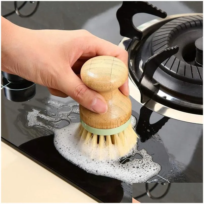 Cleaning Brushes Newbamboo Wood Round Mini Palm Scrub Brush Stiff Bristles Wet Cleaning Wash Dishes Pots Pans Vegetables Wjy591 Drop D Dhy5L