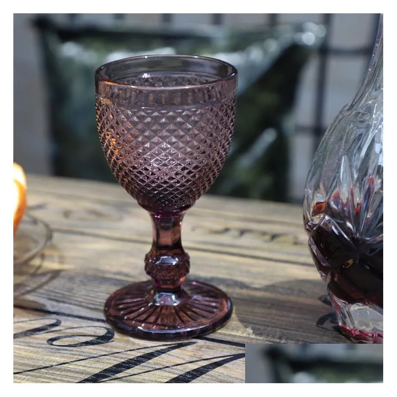 Wine Glasses Wholesale 150Ml 300Ml European Style Embossed Stained Glass Wine Lamp Thick Goblets High Transmittance Tumblers Drop Deli Dhdnx