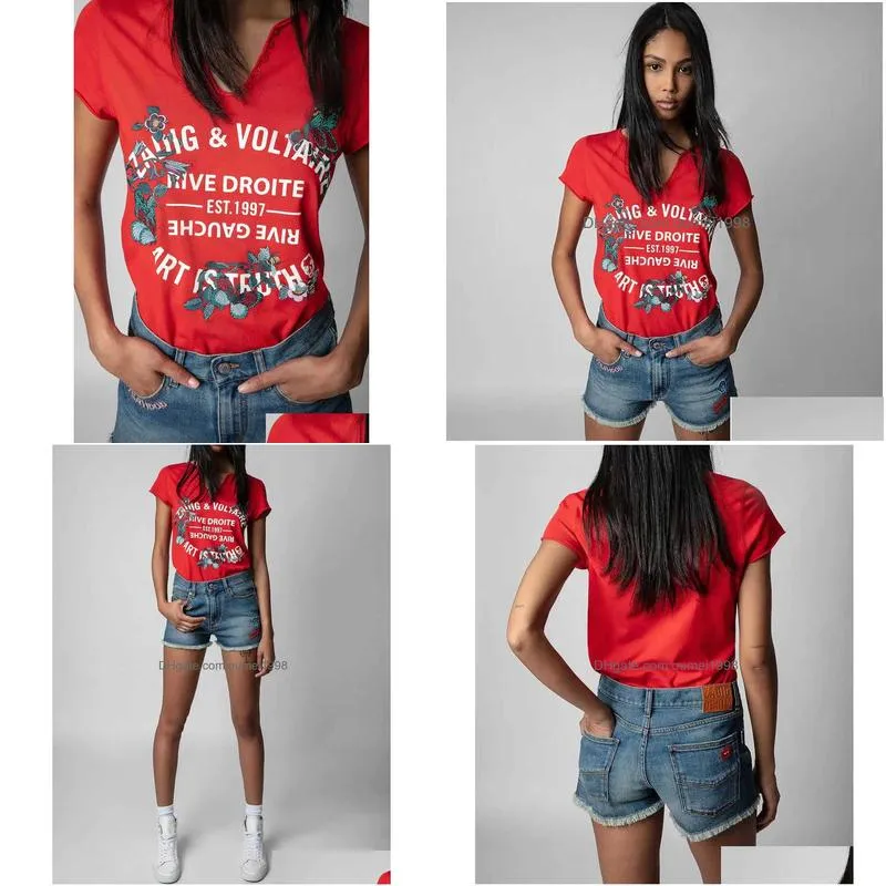 Women`S T-Shirt 2023Ss Zv Classic Letter Print Tees Flower Embroidery Zadig Tshirt U Neck Short Sleeve T-Shirt Women Designer Tops Dro Dhqzk