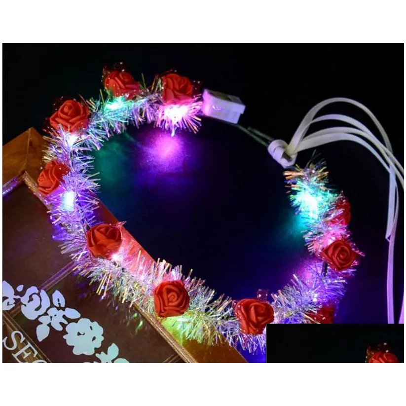 Decorative Flowers & Wreaths Led Flower Wreath Glowing Garland Gold Silk Colorf Bride Headband Lights Ribbon Rattan Fairy Headdress Fe Dh2Tu