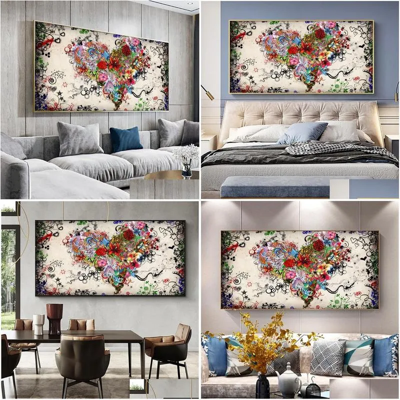 paintings ddhh wall art picture canvas print love painting abstract colorful heart flowers posters prints for living room home no