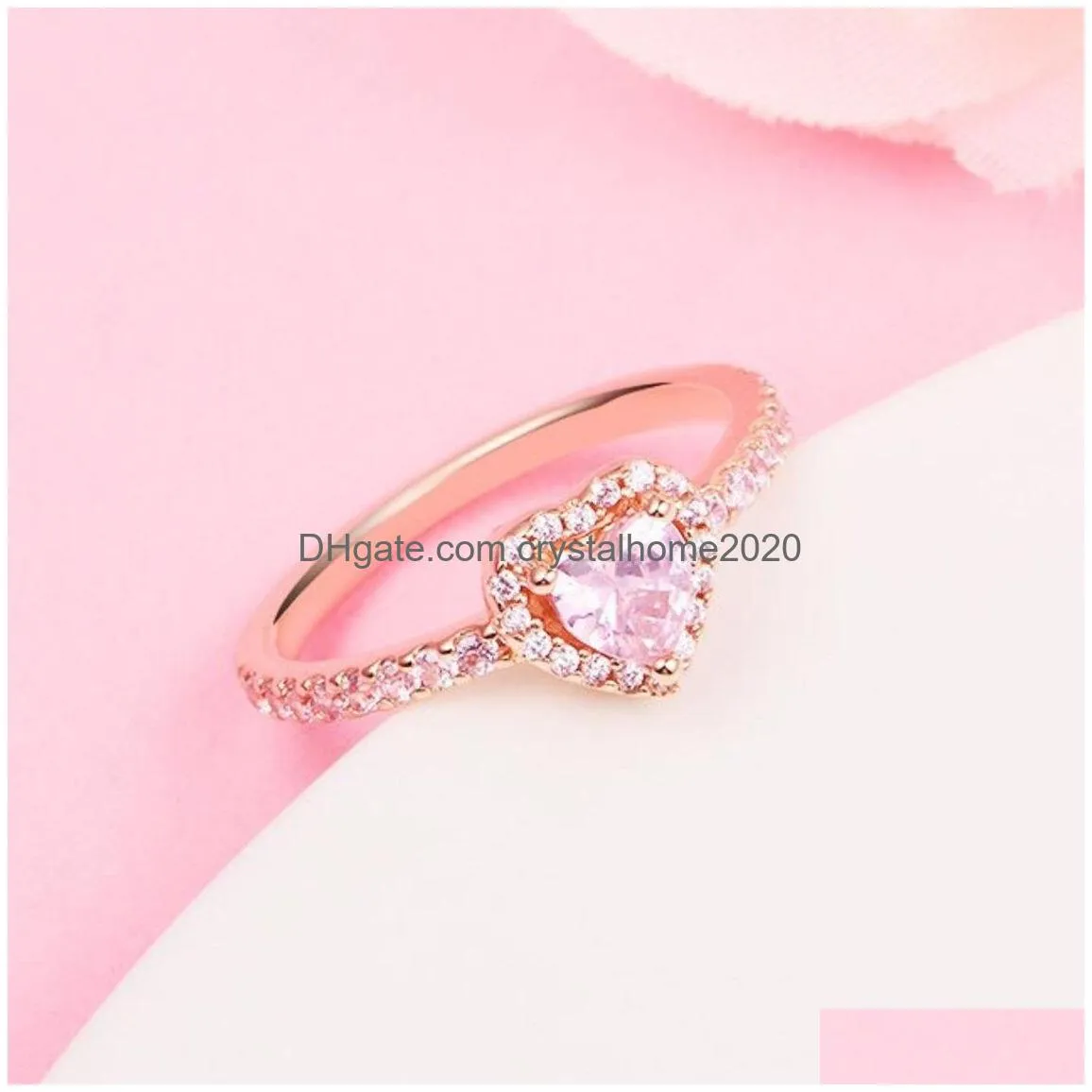 Band Rings Rose Gold Plated Sparkling Pink Elevated Heart Fit Jewelry Engagement Wedding Lovers Fashion Ring For Drop Delivery Jewelr Dh73V