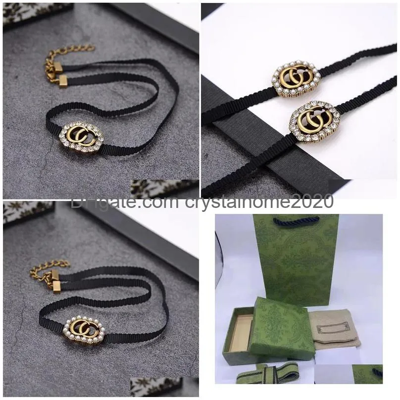 Chokers Jewelry Chokers Designer Alphabet Black Rope Necklace Imported Simation Diamond Pearl Counter Consistent Brass Material Drop D Dhui2
