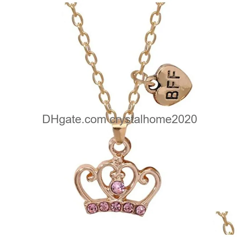 Pendant Necklaces Fashion Red Rhinestone Crown Pendant Gold Plated Necklace Alloy South American Best Friends Bff Heart Childrens Neck Dh4Ai