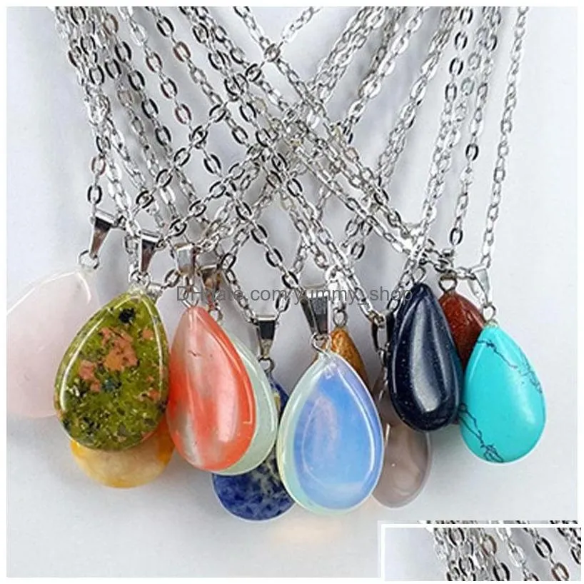 pendant necklaces stainless chain water drop stone quartz crystal agates turquoises malachite jewelry making necklace accessories de