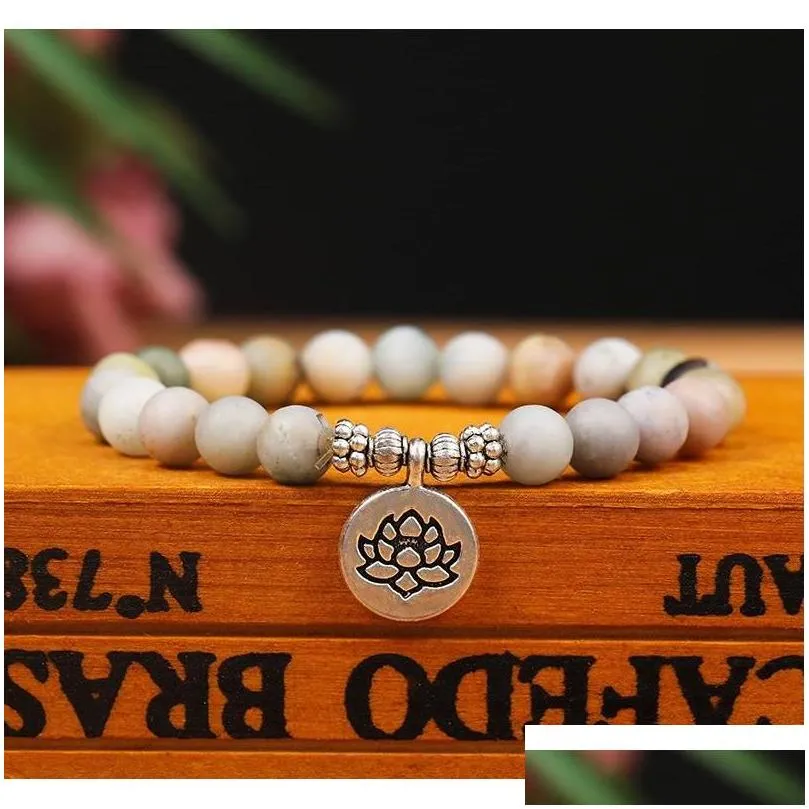 Beaded 8Mm Matte Amazonite Stone Strand Bracelet Yoga Chakra Mala Om Lotus Women Men Beaded Charm Handmade Jewelry Drop Delivery Jewe Ot74E