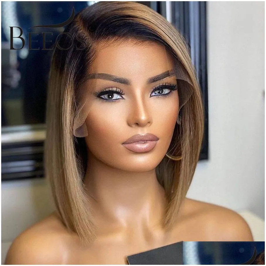 Human Hair Wigs Beeos 180 134 Deep Part Lace Front Human Hair Wig Straight Bob Short Ombre Ash Blonde Pre Plucked Brazilian Remy Drop Dhidx