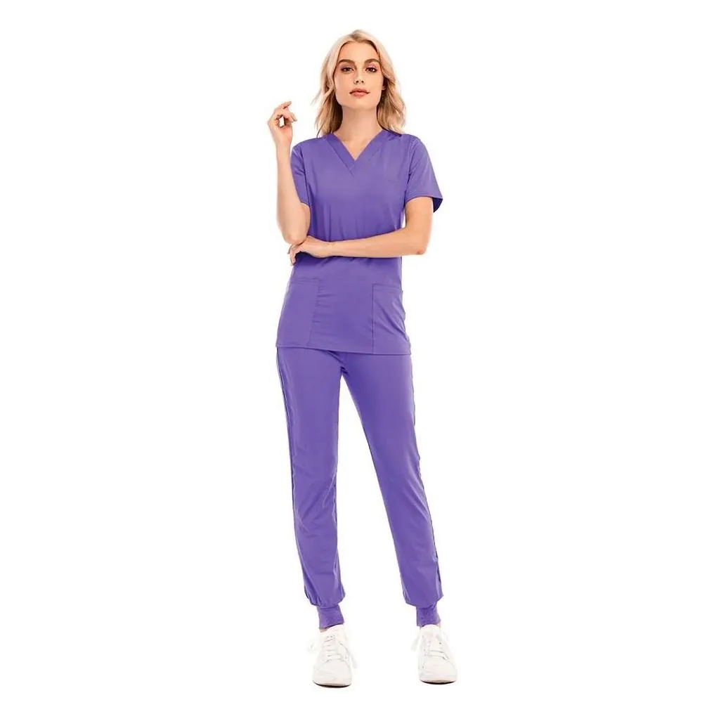 Women`S Two Piece Pants Womens Two Piece Pants Solid Color Spa Threaded Clinic Work Suits Tops Uni Scrub Pet Nursing Uniform Drop Del Dhyt0