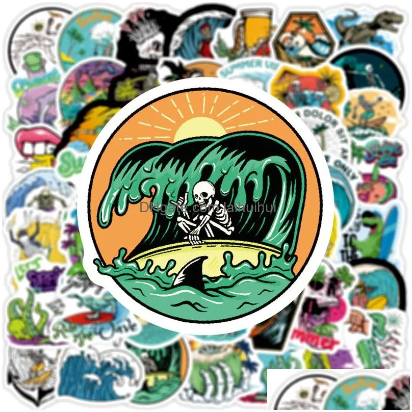 50pcs funny summer skull surfing stickers beach travel graffiti kids toy skateboard car motorcycle bicycle sticker decals wholesale