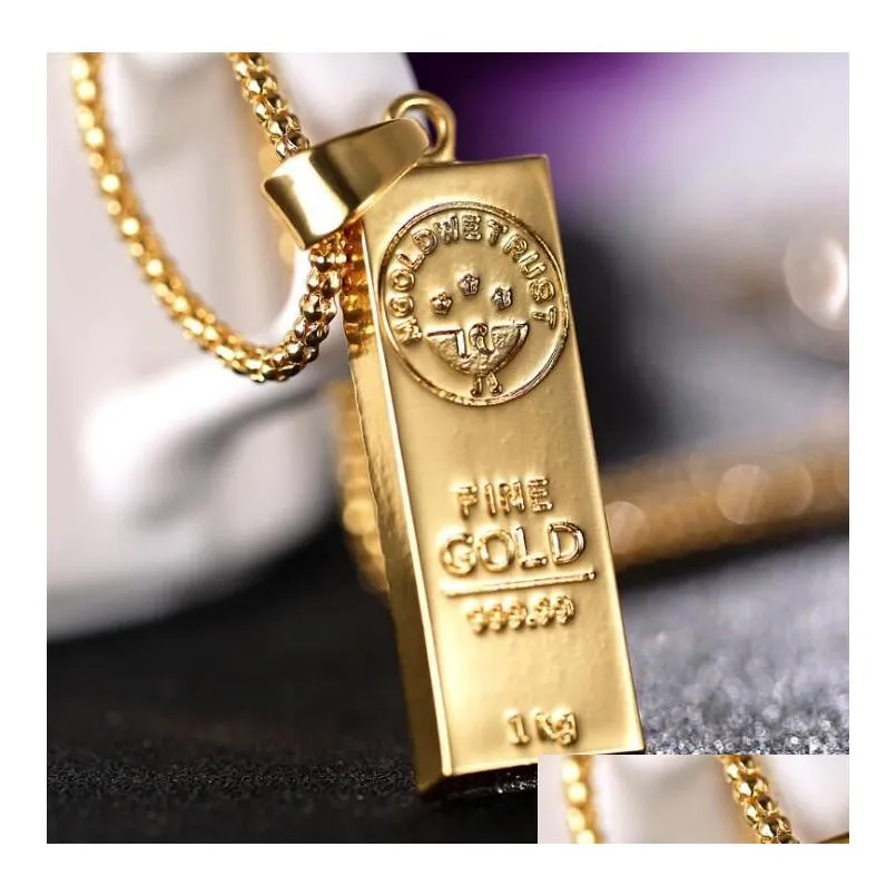 Pendant Necklaces Stainless Steel Necklace Iced Out Golden Bar Shape Pendant Round Box Chain Fortune Charm Hip Hop Mens Christmas Gift Dhsfn