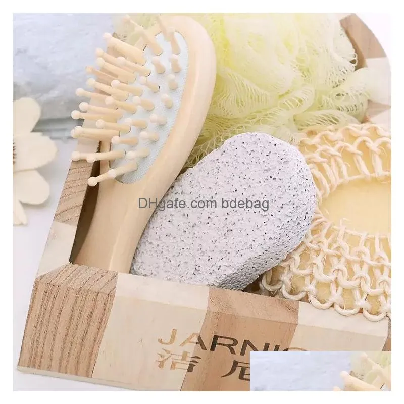 promotional wood heart-shaped gift box 6pcs bath accessory sisal sponge /comb wooden/ massage brush/ spa/bath gift
