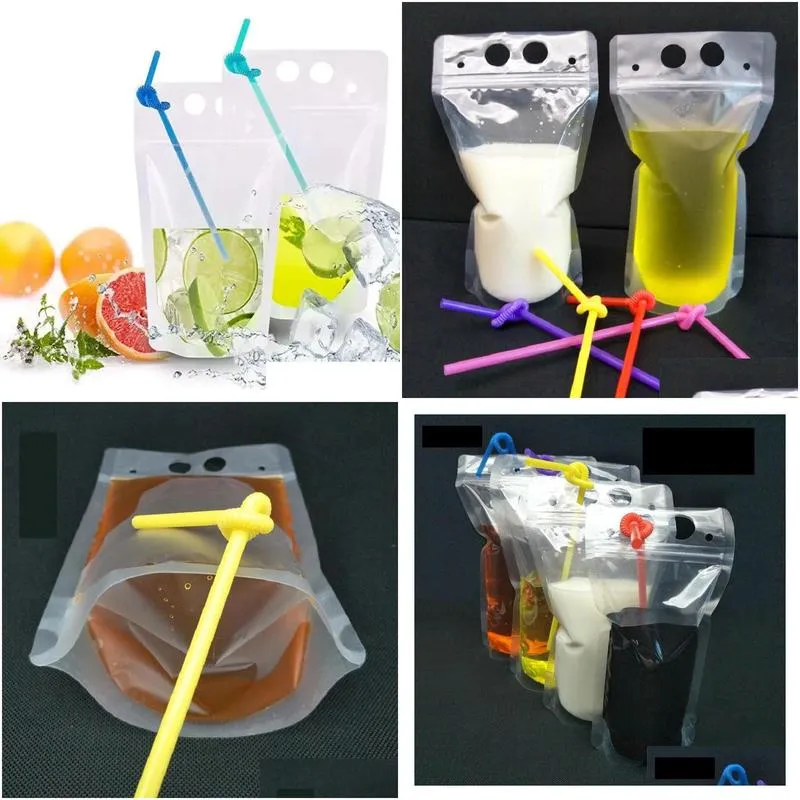 Disposable Cups & Straws Clear Drink Pouches Bags Frosted Zipper Stand-Up Plastic Drinking Bag With St Holder Reclosable Heat-Proof Fy Dhlfd