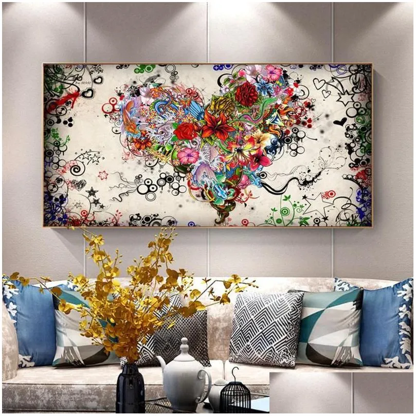 paintings ddhh wall art picture canvas print love painting abstract colorful heart flowers posters prints for living room home no