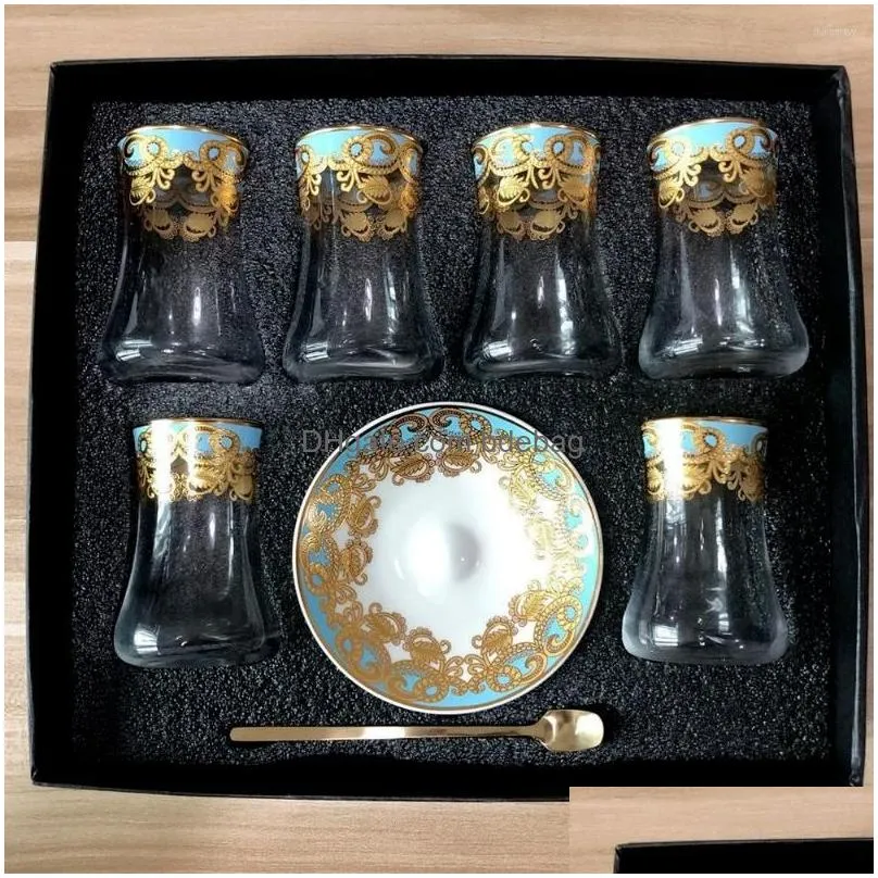 cups saucers 6 sets turkish tea glasses set with spoon coffee cup romantic exotic glass kitchen decoration gift box