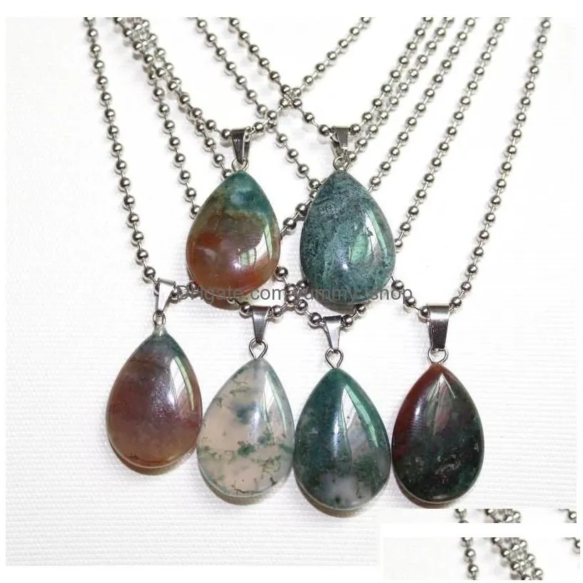 pendant necklaces stainless chain water drop stone quartz crystal agates turquoises malachite jewelry making necklace accessories de