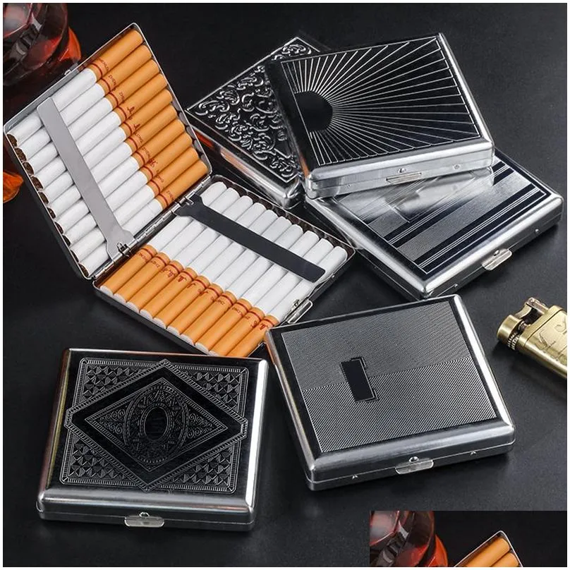 Cigarette Cases Embossing Stainless Steel Cigarette Case 3.34X3.54X0.7Inch Portable Pressure Resistant Coarse Tobacco Fashion Personal Dhzjm