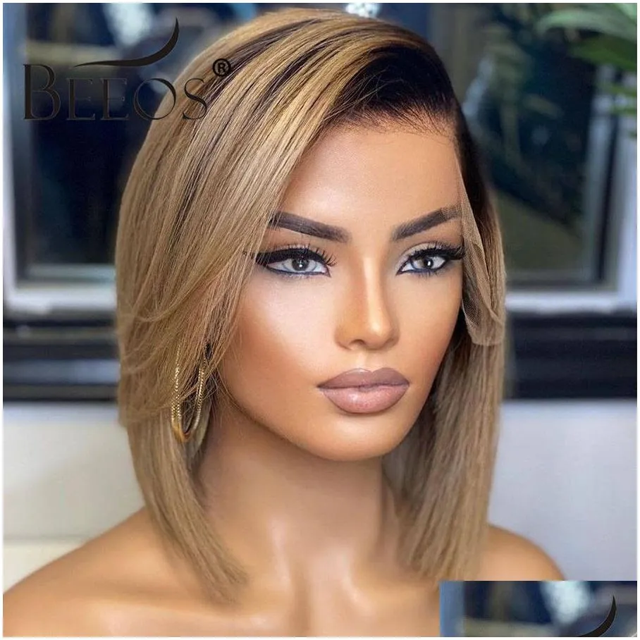 Human Hair Wigs Beeos 180 134 Deep Part Lace Front Human Hair Wig Straight Bob Short Ombre Ash Blonde Pre Plucked Brazilian Remy Drop Dhidx